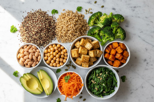 Plant-based ingredients flat lay with grains legumes vegetables