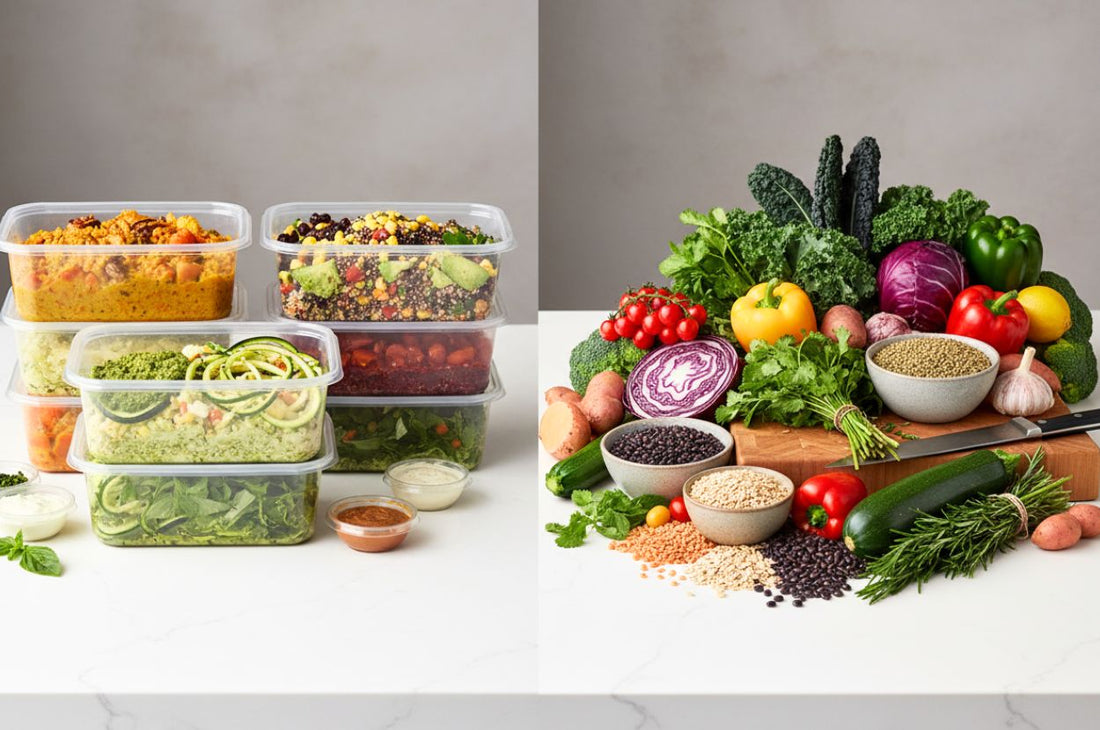 Plant based meal prep containers beside fresh whole ingredients