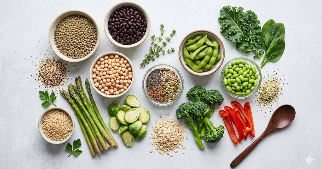 high-protein, high-fiber plant-based ingredients including lentils, beans, chickpeas, edamame, vegetables, seeds