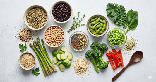 high-protein, high-fiber plant-based ingredients including lentils, beans, chickpeas, edamame, vegetables, seeds