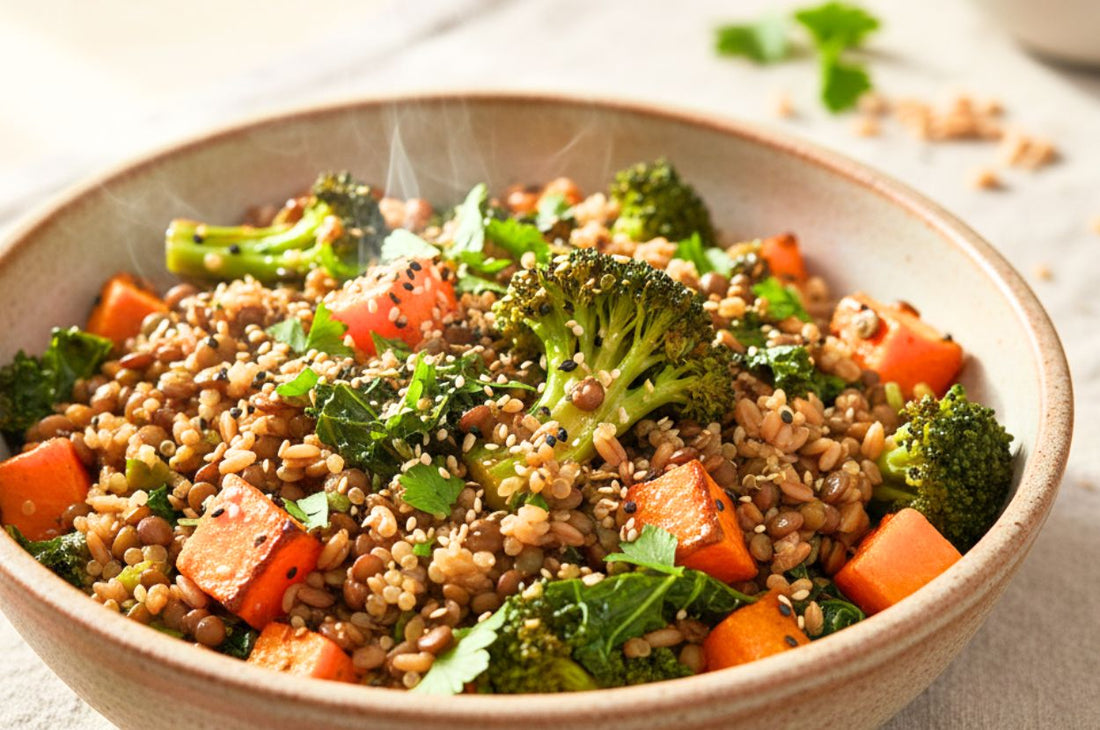 High fiber plant based grain bowl with vegetables