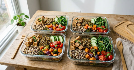High-protein plant-based meal prep containers with tofu, lentils, quinoa, roasted vegetables, cucumbers, cherry tomatoes, and greens