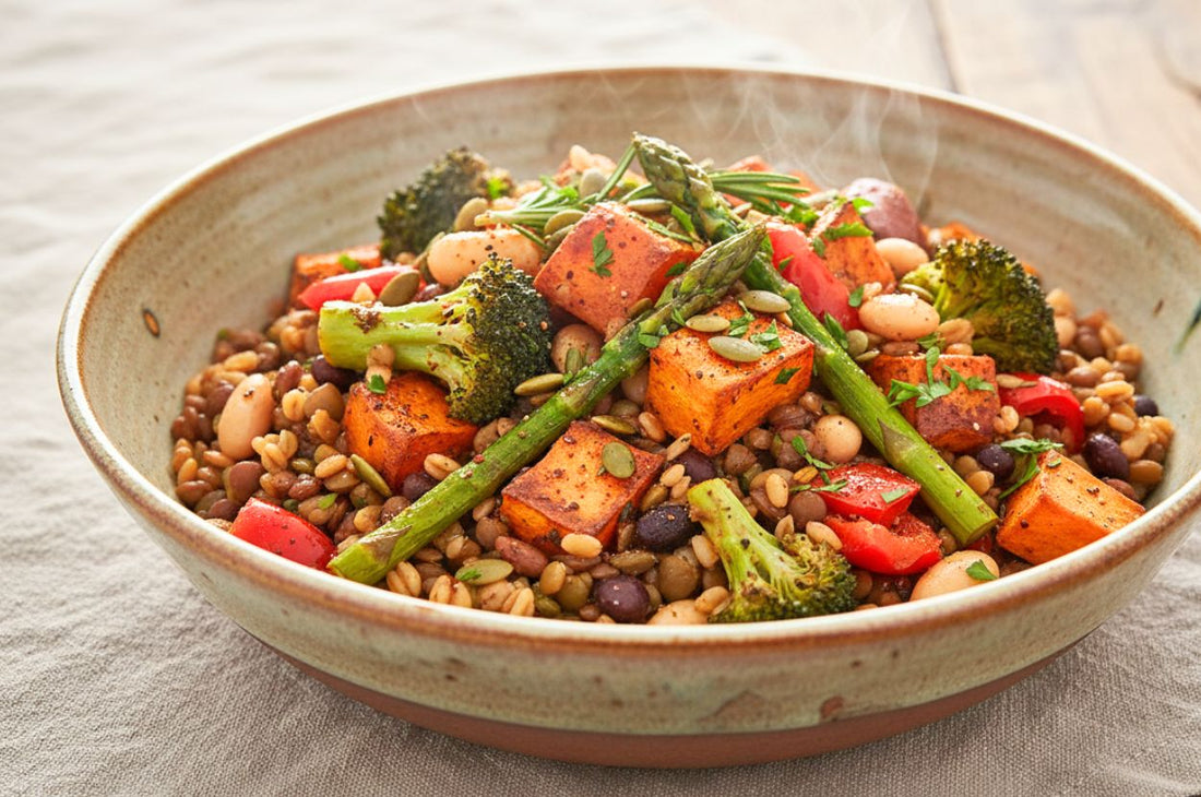 High fiber plant based grain bowl with vegetables