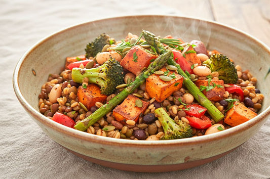 High fiber plant based grain bowl with vegetables