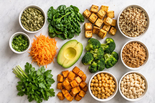 Whole plant based ingredients neatly arranged flat lay