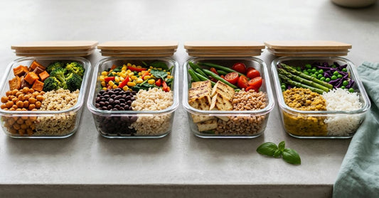 A countertop with 3–4 pre-prepared plant-based meals lined up neatly in containers, each visually balanced with protein, grains, and vegetables. 