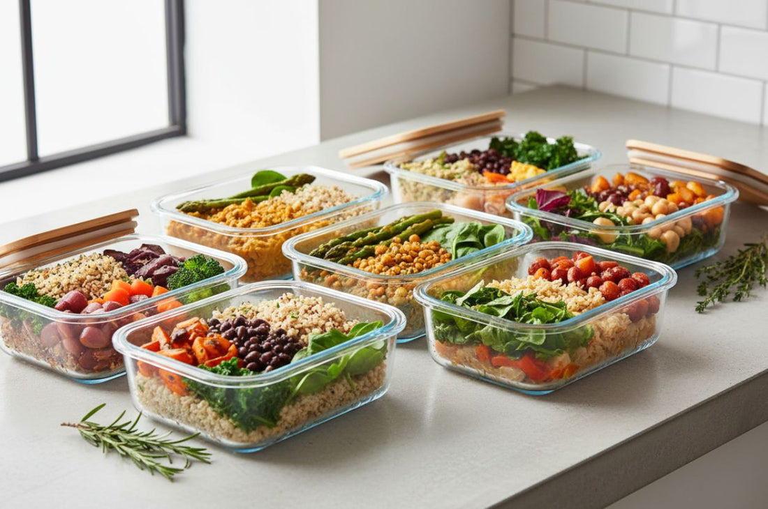 Plant based meal prep containers with grains vegetables beans