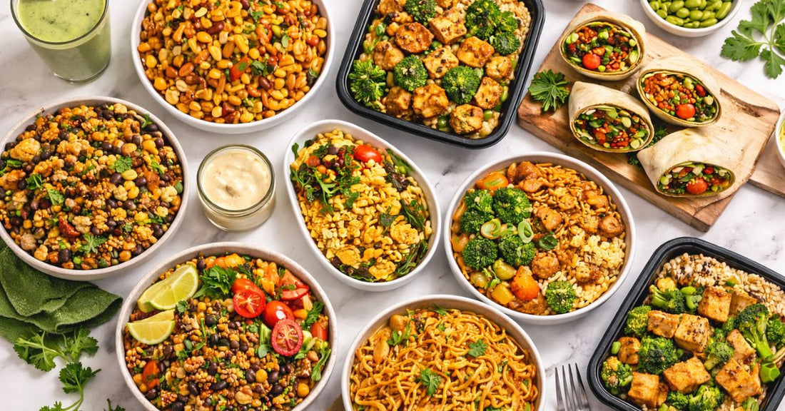 High protein vegan meals on marble table