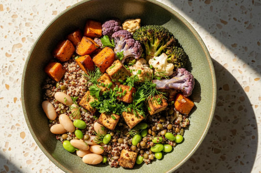 Plant based protein grain bowl with tofu vegetables