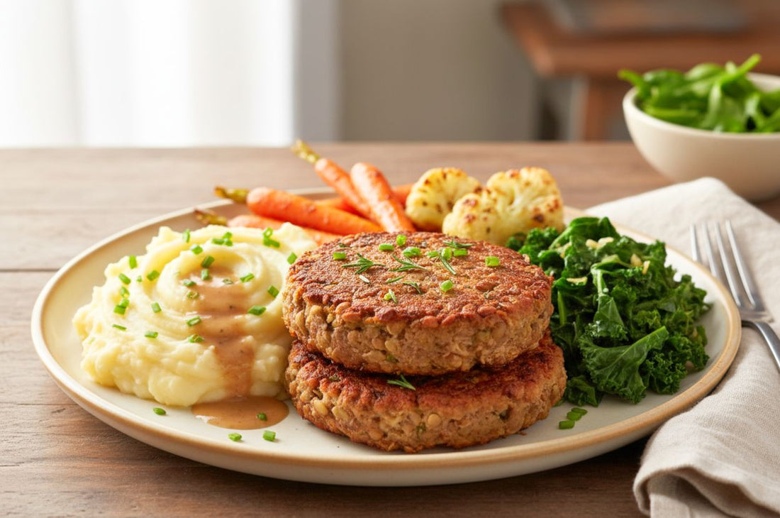 Plant-based protein patties with mashed potatoes and vegetables