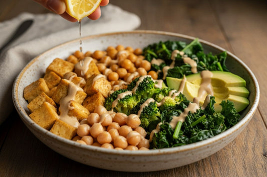 Plant based tofu chickpea protein bowl with vegetables