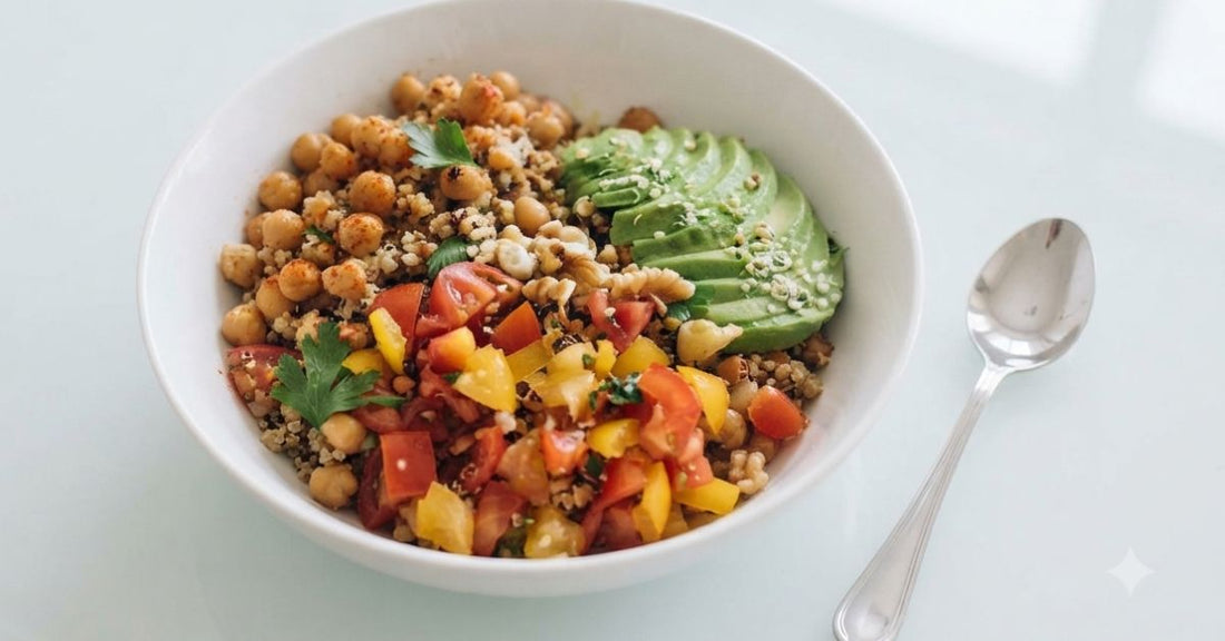 A meal of plant based food served on a white bowl.