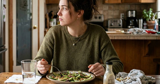 A woman with dark hair tied in a messy bun sits at a rustic wooden dining table, finishing a meal.