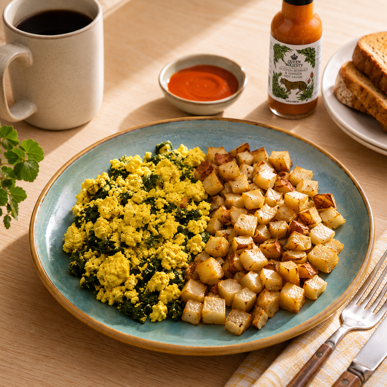 Savory Chive & Garlic Spinach Scramble + Roasted Potatoes