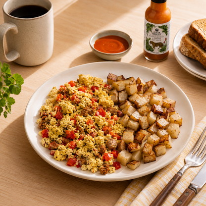 Chorizo Red Pepper Scramble + Roasted Potatoes
