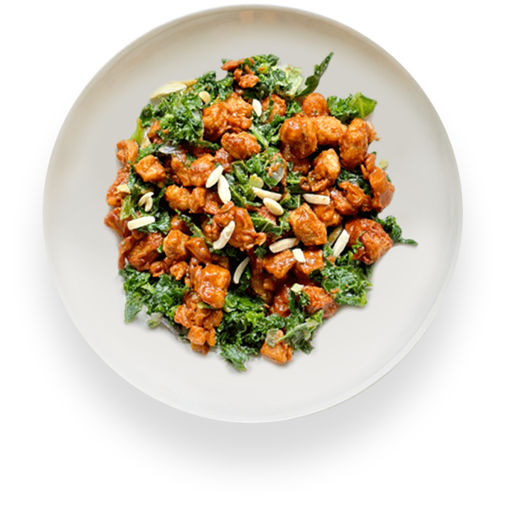 BBQ Chick’n + Garlic Kale — low-carb, high-protein vegan meal