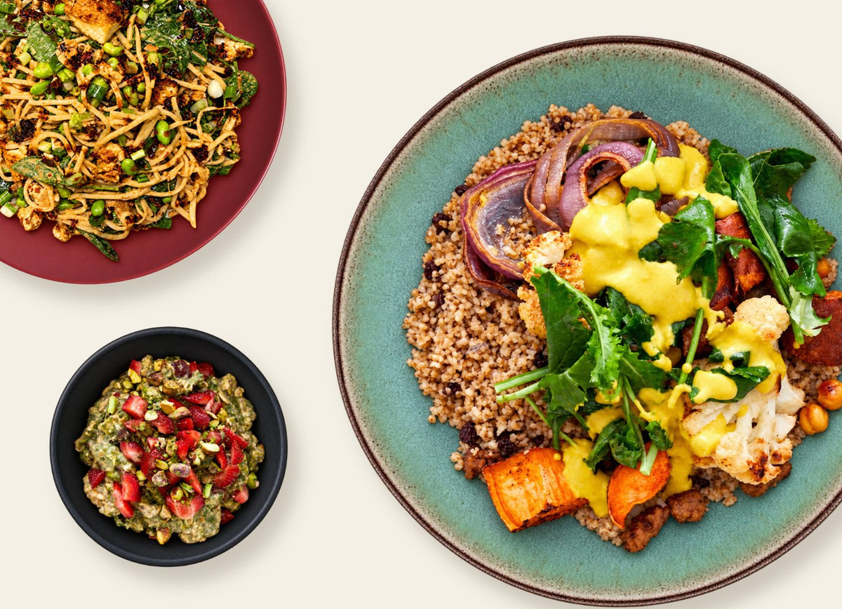 FireRoad Fiber+ meals: chili crisp noodles, roasted vegetable grain bowl and strawberry pistachio oats