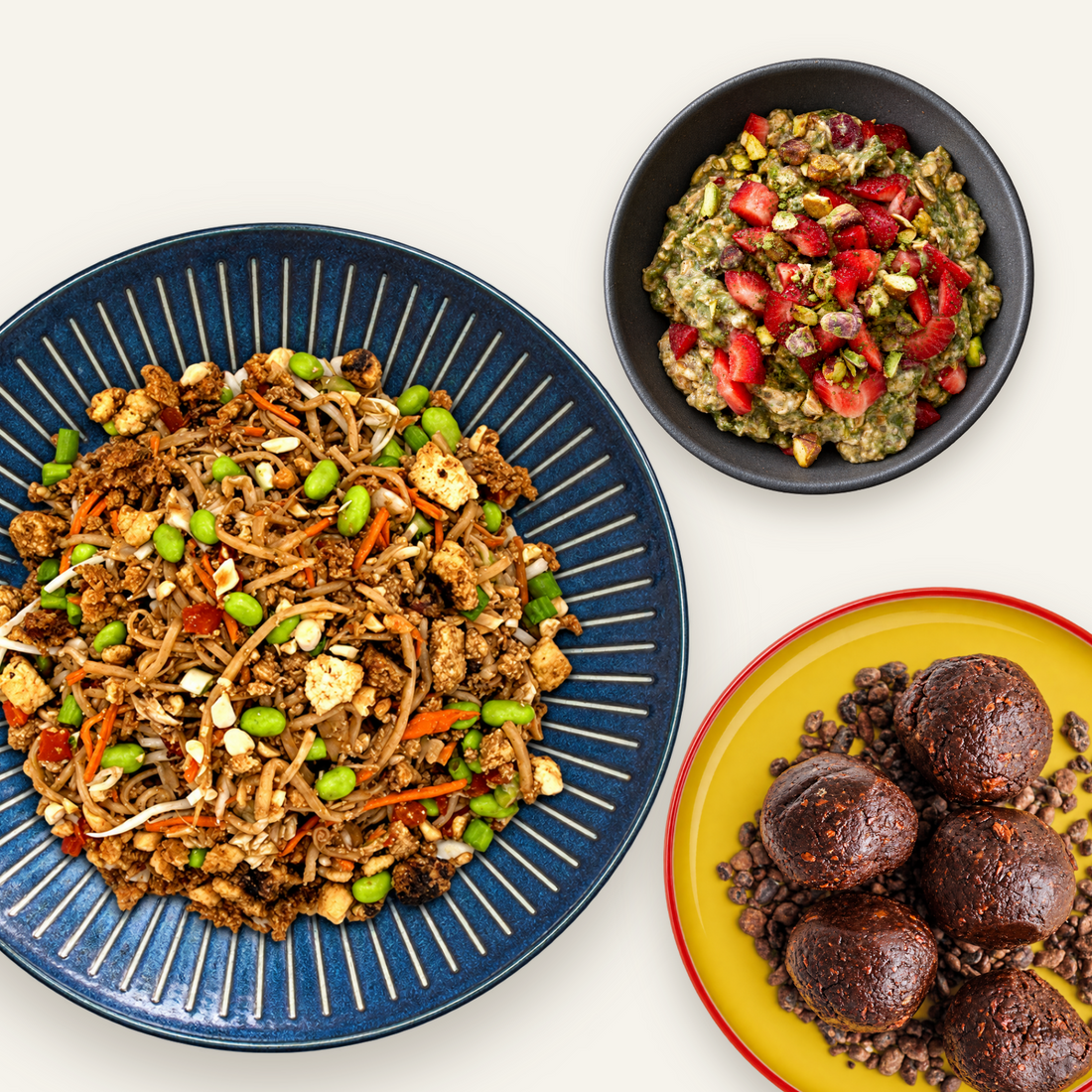 GLP-1 Edge box — plant-based noodle plate, overnight oats and Fudge Brownie Bites